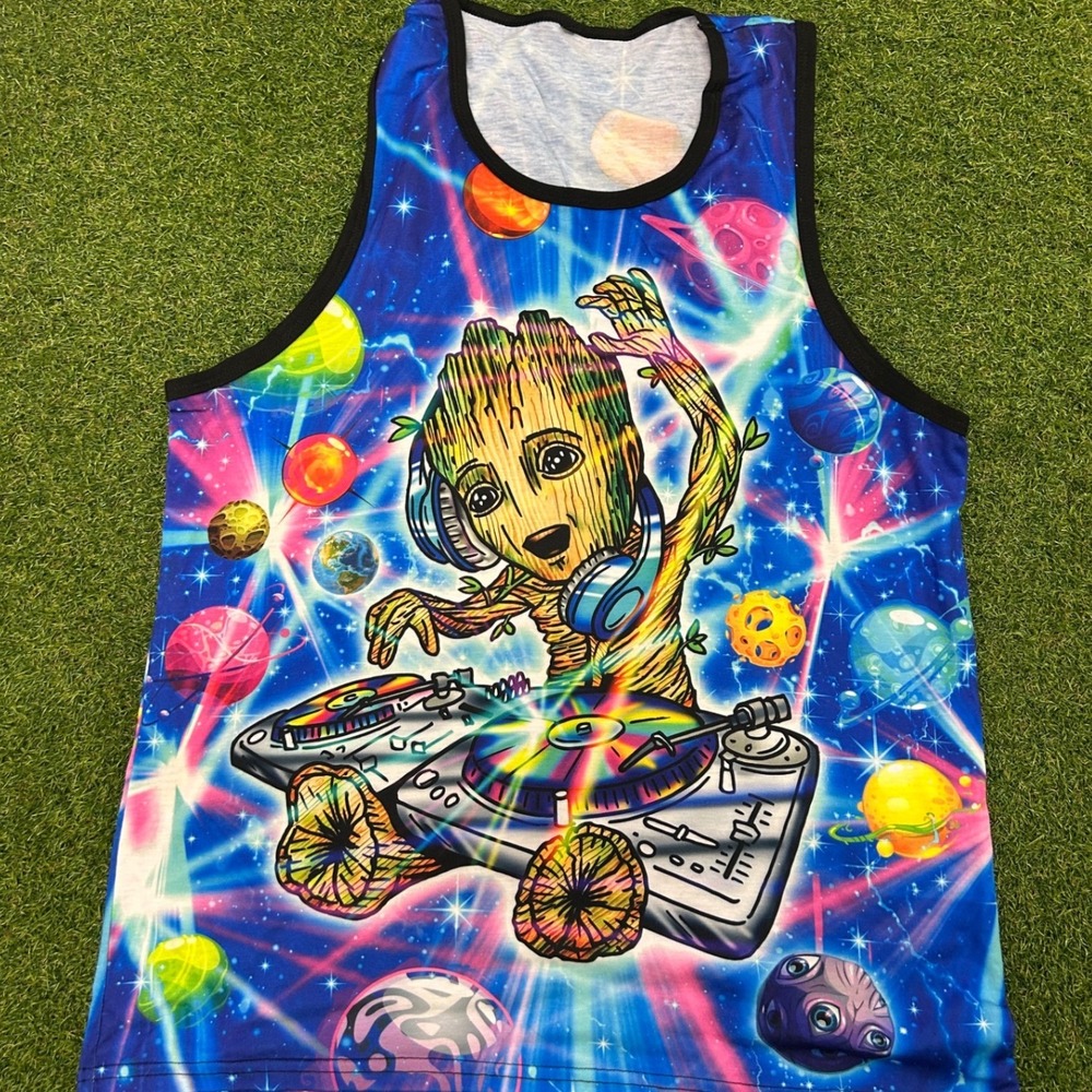 Marvel DJ Groot Cosmic Galaxy Space All Over Print Tank Top Mens XL Blue Multi